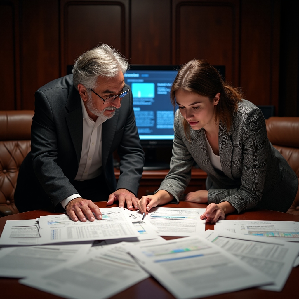 SEO consultants reviewing migration documentation in a conference room setting