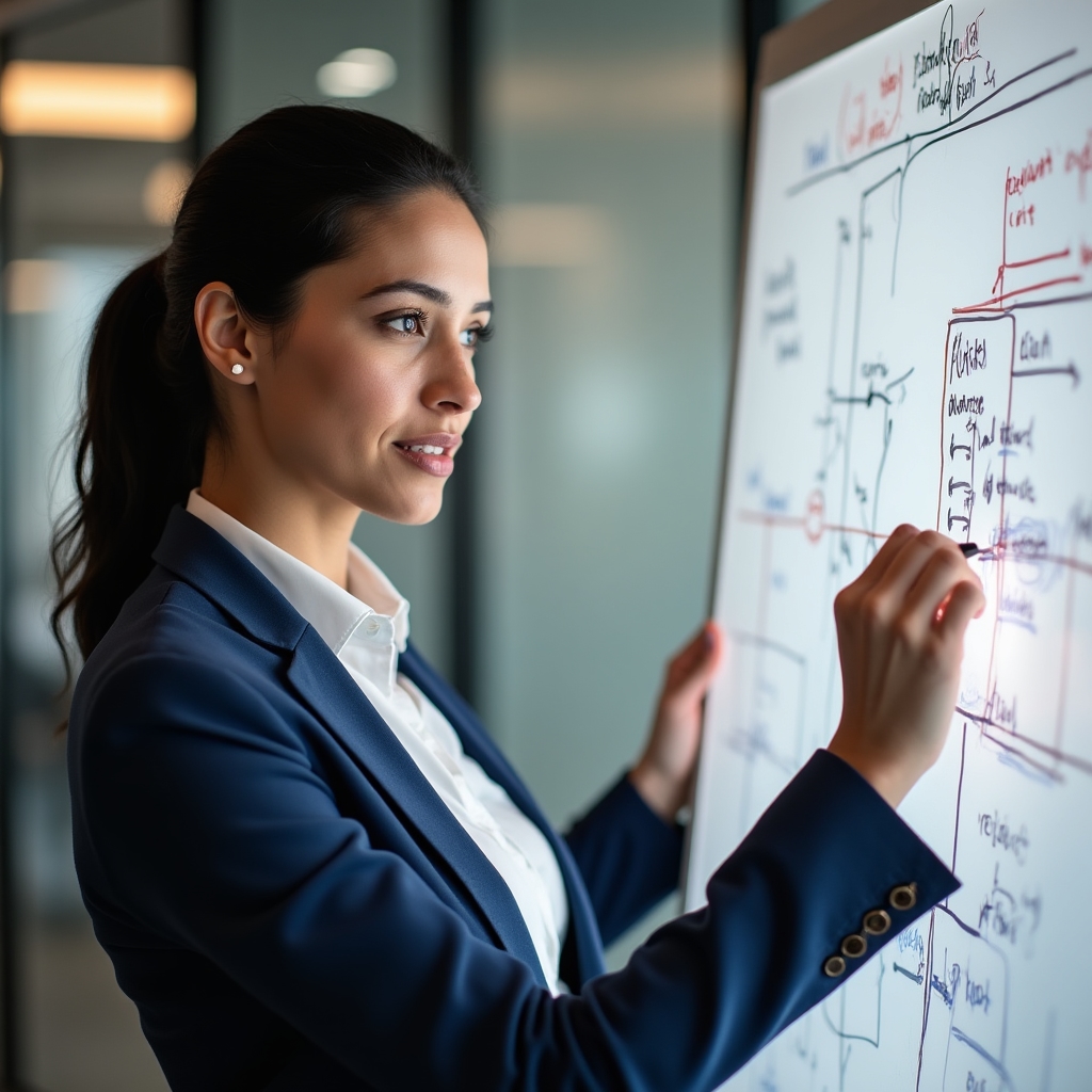 Technical SEO analyst, female, late thirties, standing at a whiteboard covered in site architecture diagrams in a bright collaborative workspace